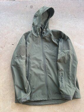 Tactical Olive Green Hooded Softshell Jacket With Multiple Zippered Pockets & Ve